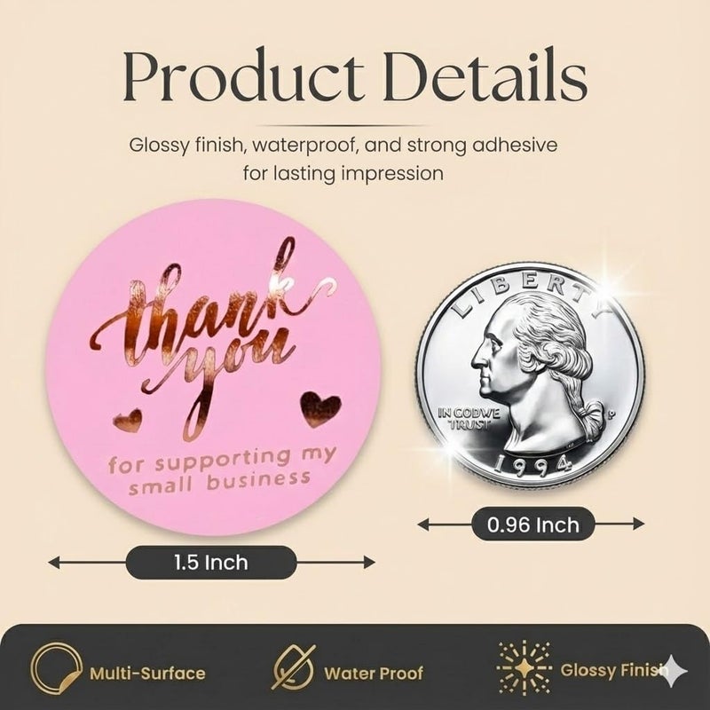 IBAKE 500 Pcs 1.5 Inch Pink and Rose Gold Thank You Stickers for Small Business, Small Business Packaging, Self-Adhesive & Waterproof Stickers with Beautiful Designs, Strong and Durable Envelope Seals - Image 3